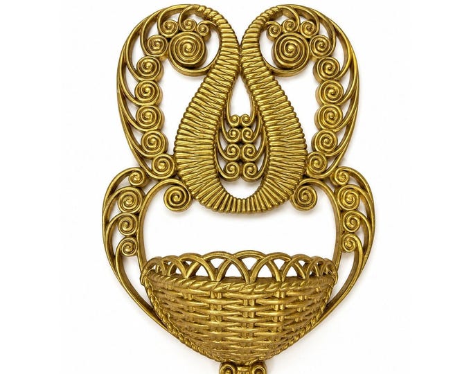 Wall Pocket Planter Faux Wicker Burwood Products Gold Scroll Gallery Art Deco 1978 Hollywood Regency Boho Retro Mid Century