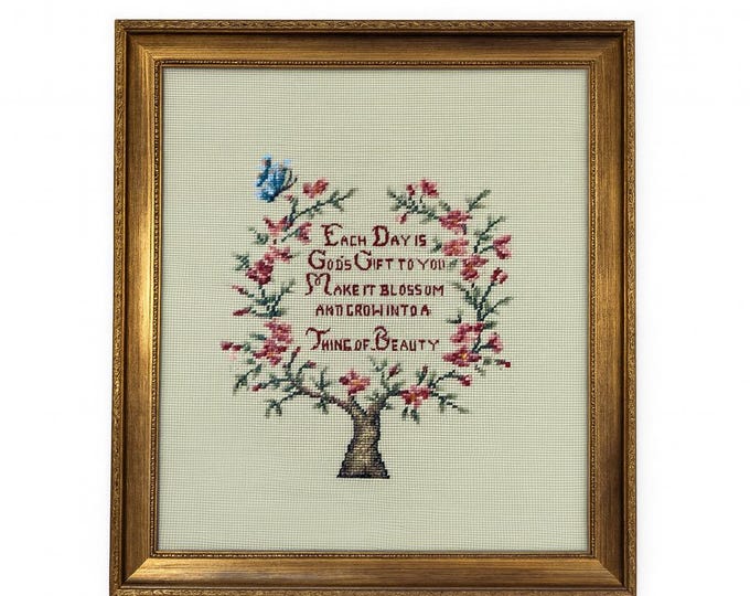 Vintage Finished Framed Crewel Flowers Each Day is Gods Gift |  Needlework Glass | Wall Decor Handmade Gold Gilt Frame | Cottage Core