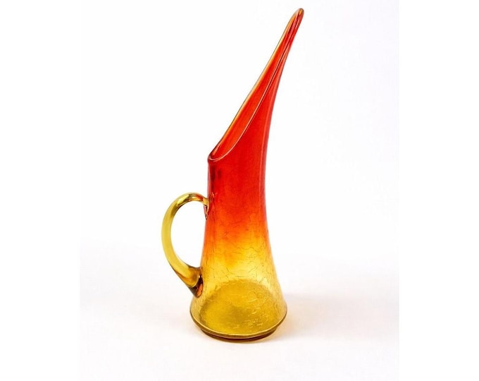 Swung Vase Crackle Pitcher | Kanawha Amberina Vintage Mid Century Glassware Collectible Crackled Retro Art Glass Hand Blown Handle Collector