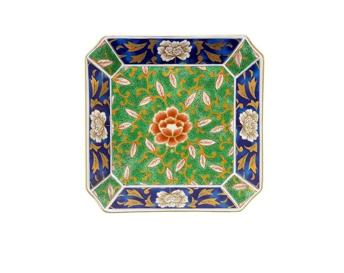 Square Dish Catch All Key Plate Hand Painted | Otagiri Vintage Chinoiserie Chinese Oriental Floral | Decorative Accents Shelf Home Decor