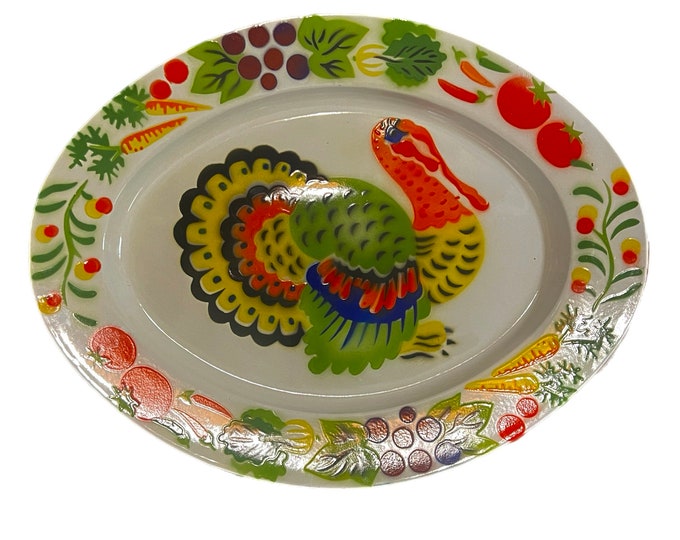 Vintage Bright Colored Metal Enameled Turkey Platter | Thanksgiving | Serving Tray | Decorative