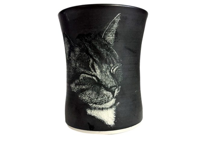 Incised Engraved Etched Sleeping Cat Headshot Pottery Vase | Hand Crafted Signed R. Kaelin | Unique Gifts Home Decor Decorative Accents