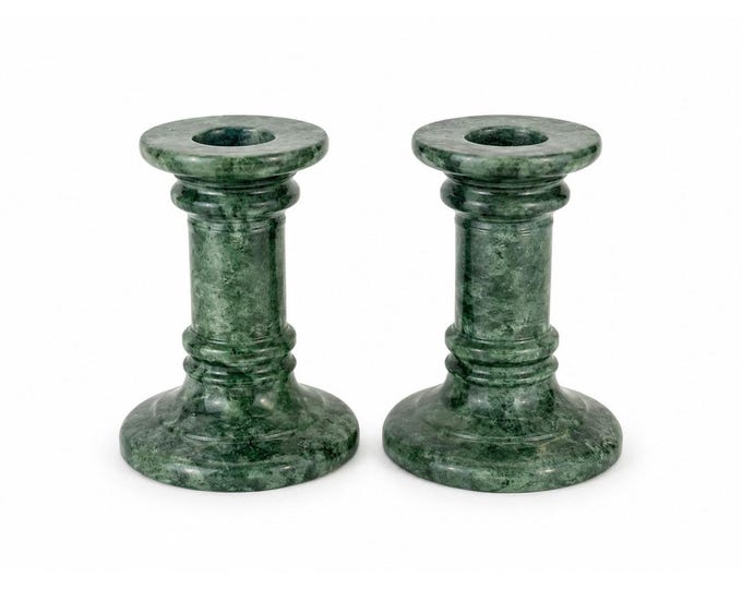 Candlestick Holders Pair Green Marble Polished-Stone 5” Classical Columns Vintage Home Decor Decorative Accents