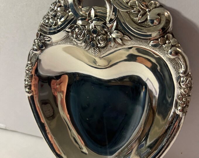 Vintage Silver Plated Heart Trinket Dish Embossed Metal Floral Made in Japan Rosalco