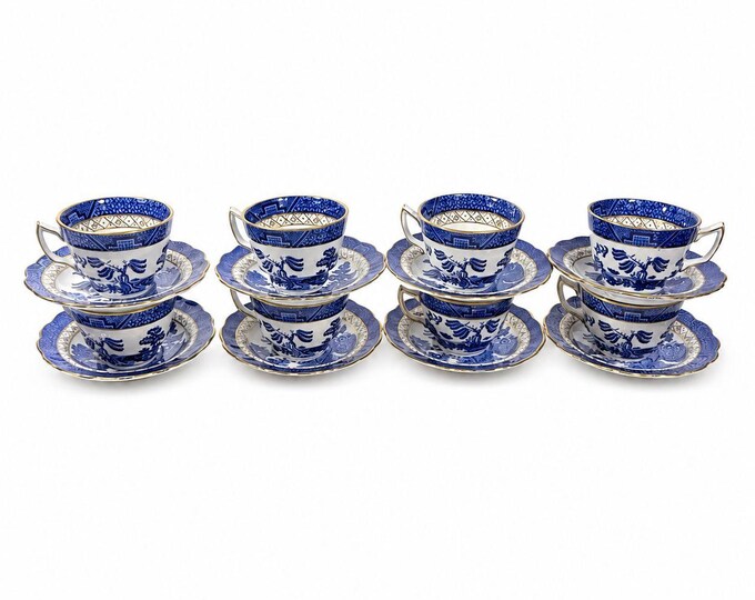 Cup and Saucer Set 8 Booths Real Old Willow Blue Gold Trim Tea Coffee Vintage Replacement China Traditional Oriental Chinoiserie England