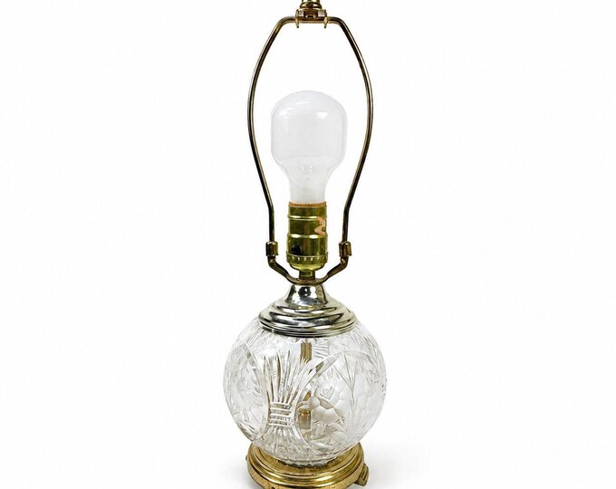 Floral Crystal Table Lamp Traditional Brass Base Etched Flowers Clear Glass Bowl Vintage Home Decor Lighting Decorative Accents