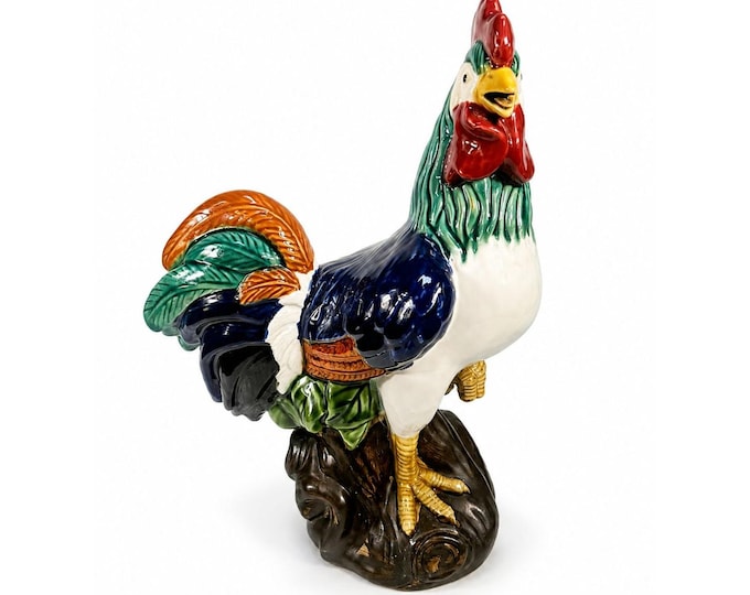Rooster Figurine Statue Vintage Large Pottery Ceramic Hand Painted Majolica Chicken Home Kitchen Decor Decorative Accents Farmhouse Country