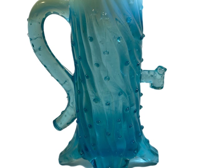 Antique 1900s Northwood Blue Opalescent Glass Town Pump Vase