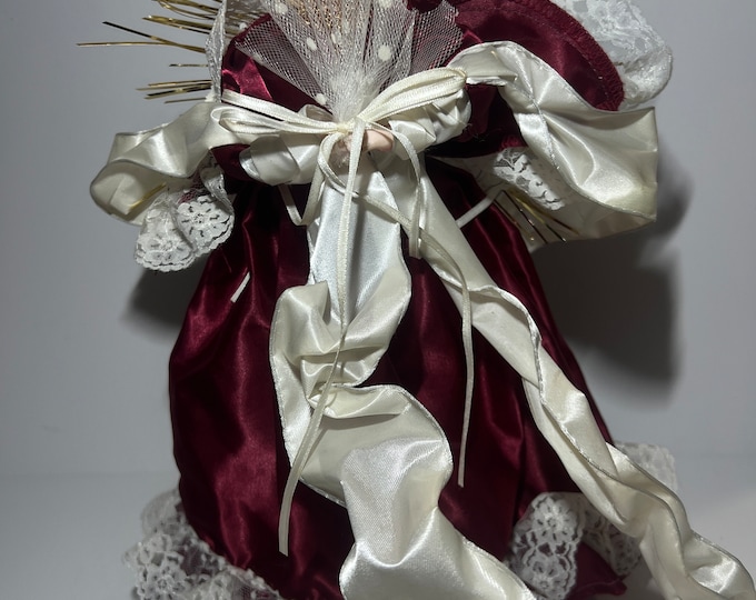 Vintage Angel Tree Topper Porcelain | Red Burgundy Lace  Dress | Ribbon | Blonde
