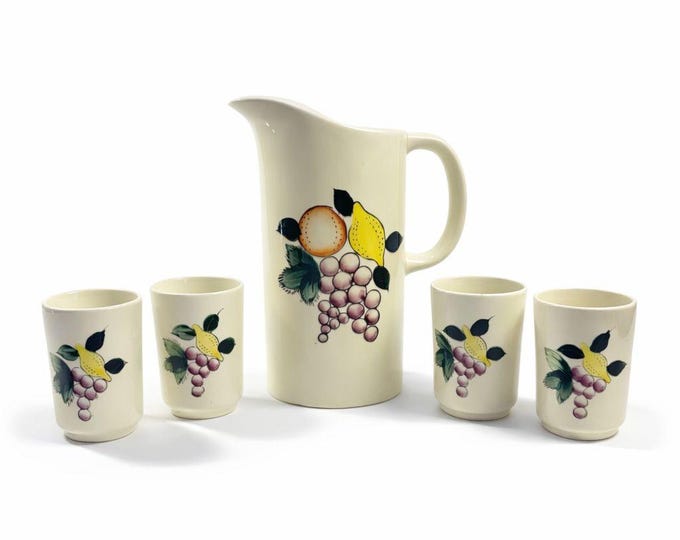 Juice Set Pitcher Cups Ceramic Hand Painted White Norleans Japan Singing Musical Fruit Motif Replacement China Vintage Granny Cottage Core