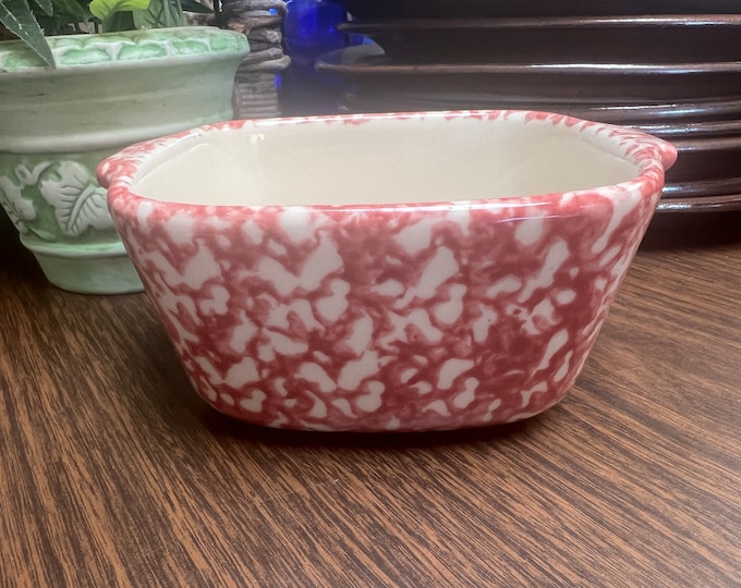 Vintage | Red Pink Cranberry Spongeware | Gerald Henn Pottery | Roseville | Square Baker