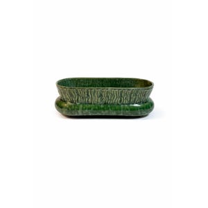 May include: A green ceramic planter with a textured, oval-shaped top and a rounded base. The planter has a glossy finish and a dark green color. The textured design adds visual interest to the piece.