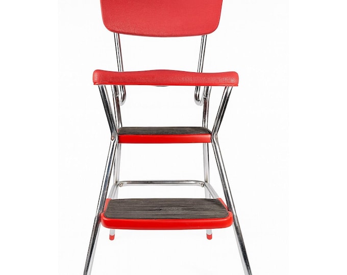 Costco folding step stool chair Vintage Red Vinyl Fabric metal | Mid century rustic plant stand Retro industrial kitchen decor Granny Core