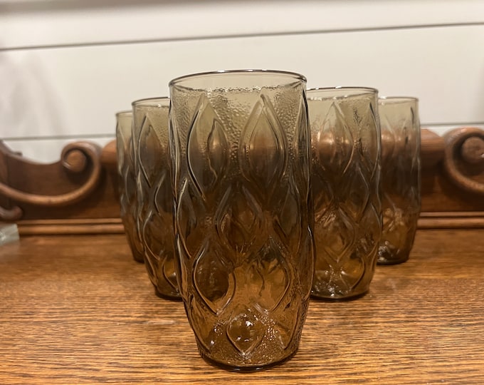 Vintage Set of 6 Smoky Gray Madrid Pattern Diamond Quilt Anchor Hocking Glasses MCM Tumblers