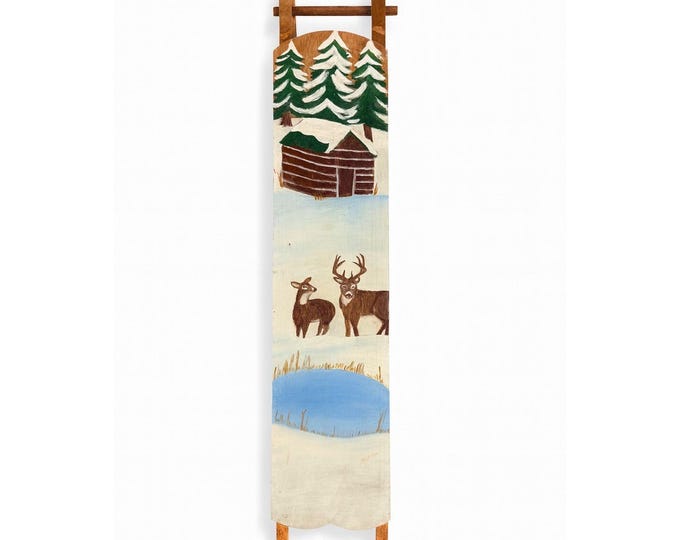 Wood Mini Sleigh Door Art Wall Decor Hand Painted Deer Cabin Snow Winter Wooden Primtive Folk Art Cottage Core Mountain Holiday