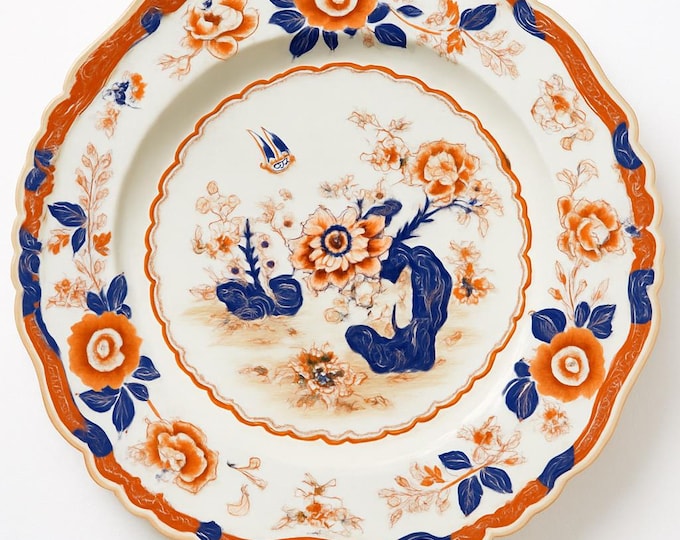 Imari Dinner Plates | Hicks Meigh Johnson Real Stone China Rocks Birds Cobalt Blue Rust Red Plate 10" | Chinese Oriental Chinoiserie Vintage