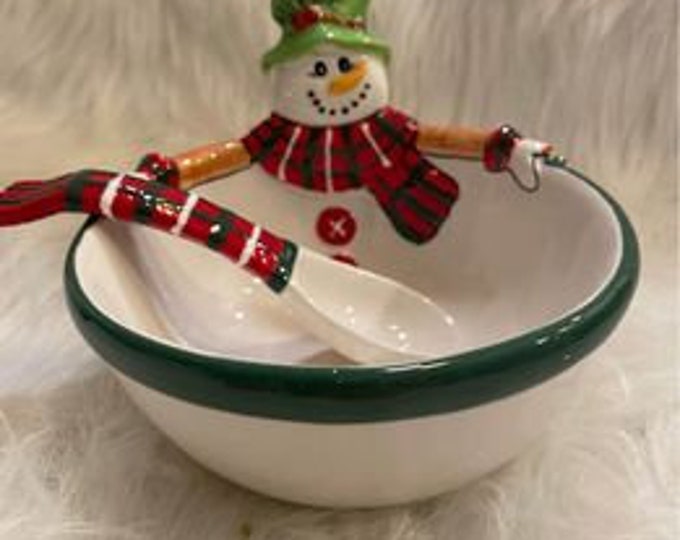 Fitz and Floyd Holly Hat Snowman Dip Bowl with Spoon Christmas NIB