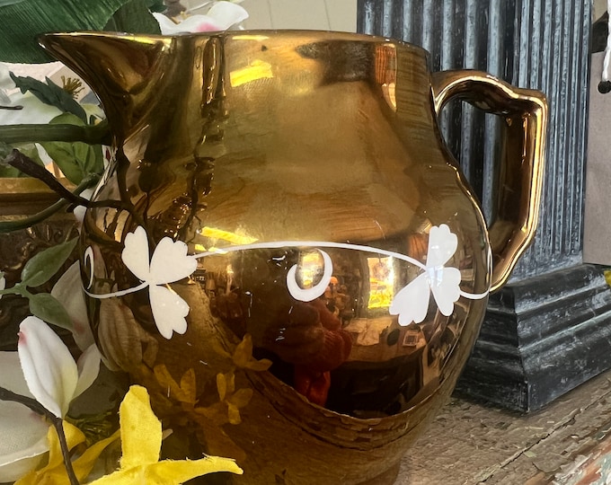 Vintage Gray's Pottery Copper Lustreware Gold and White Pitcher ~Made in England Hand painted Clover