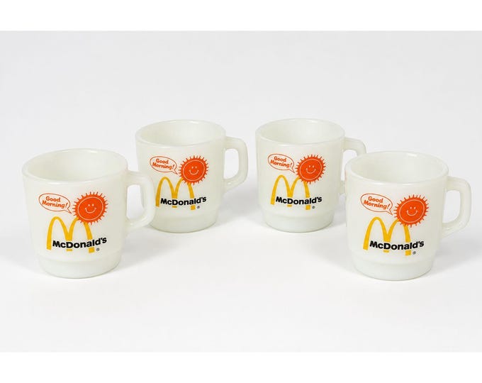 Mug Set 4 Fire King McDonalds Mug Good Morning Coffee Cup Anchor Hocking Milk Glass Collectible Childhood Vintage Golden Arch Sunshine