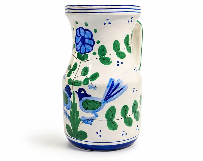 Italian Pottery Stoneware Pitcher Vase Love Birds Blue Green Taste Setter Sigma Floral Italy Majolica Vintage Replacement China Home Decor