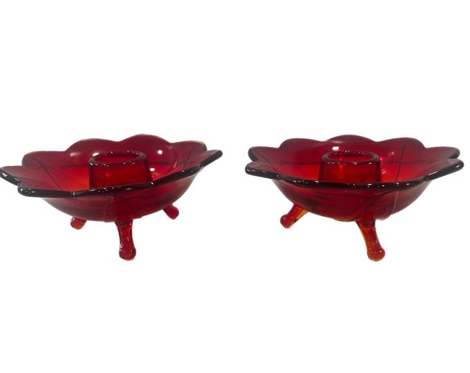 Vintage Pair Fenton Glass Petal Scalloped Candleholder, Deep Red  & Yellow Amberina, 3-Legged Taper Candle