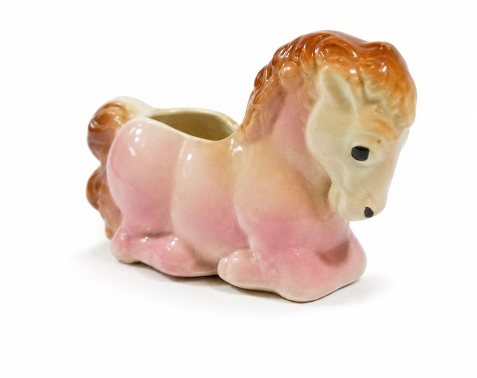 Pottery Planter Pot Kneeling Horse Pink Hand Painted Vintage Pastel Flower Succelents Nursery Room Home Decor Mid Century