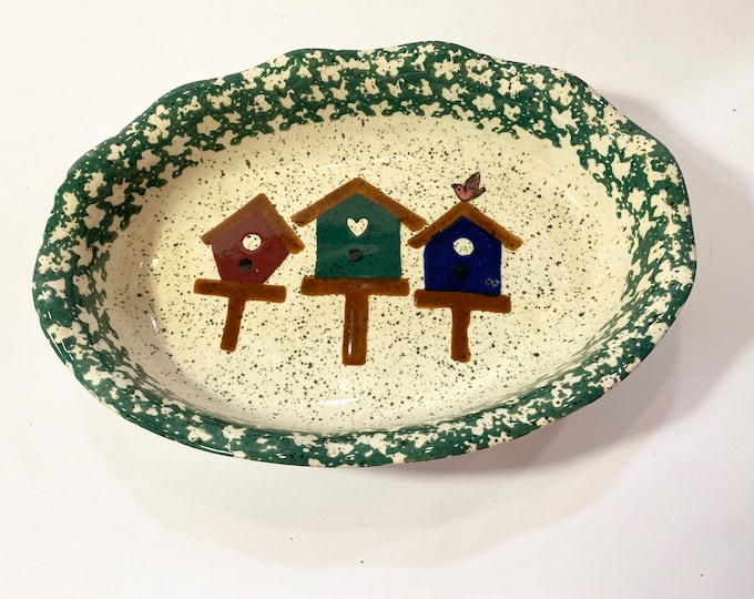 Vintage | Green Cream | Spongeware | Oblong Serving Bowl Platter | Birdhouses | Bird