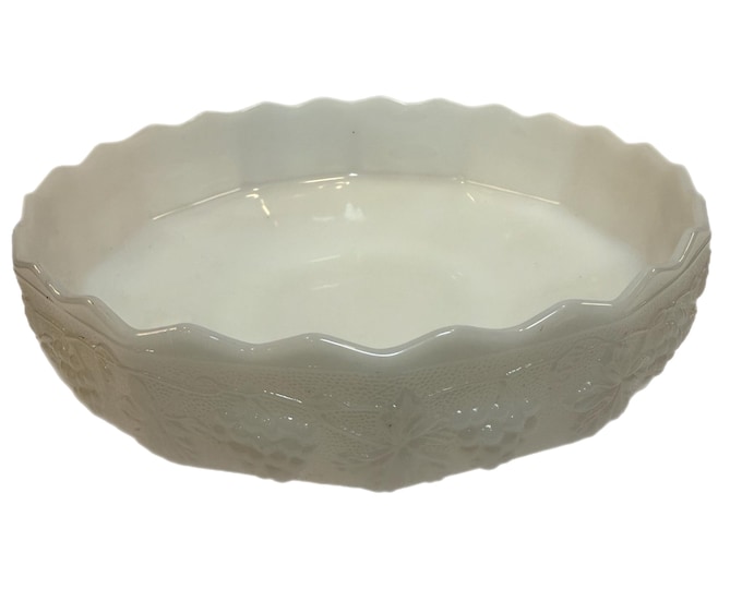 Fire King Ware Anchor Hocking | Milk Glass Pedestal Fruit Bowl | White Embossed Harvest Grape | Centerpiece Bowl Wedding Decor | Granny Core