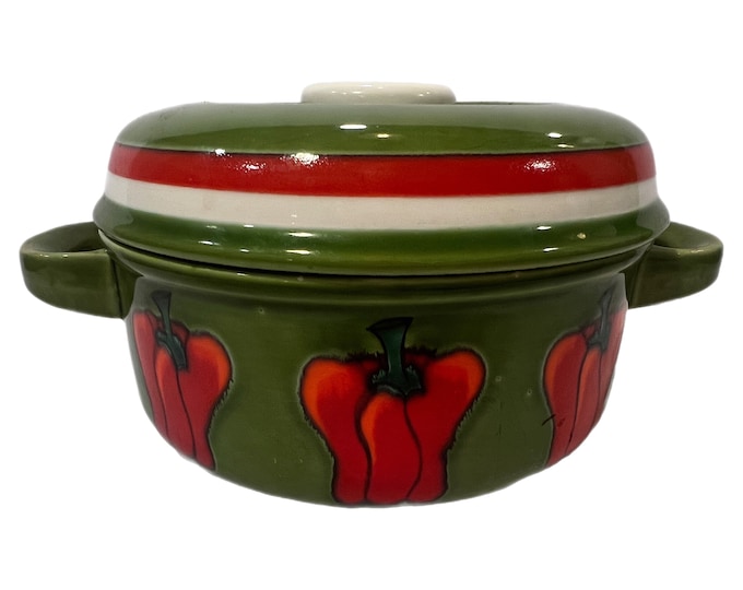Mid Century | Retro vintage Georges Briard Covered Casserole Dish Signed Peppers Green Red Ceramic