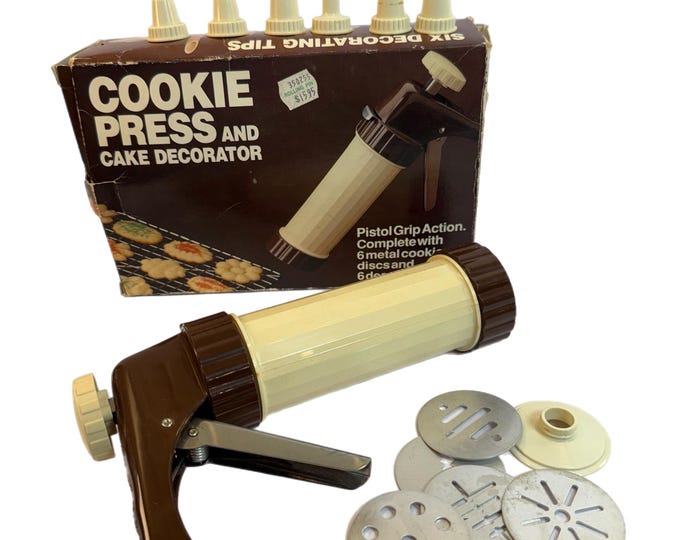 Cookie Press Cake Decorator | Decorating Tips | Six Metal Cookie Disks | New Old Stock Open Box Fox Run Vintage 1984 | Cooking Baking Tools