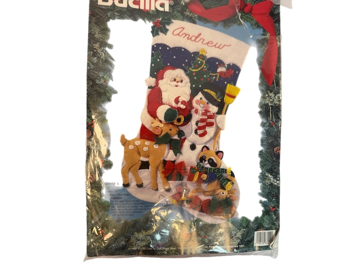 Bucilla Christmas Stocking Kit | Vintage 1994 JUMBO |  83119 Santa and Snowman Sequins Beads Sewing Craft Retro Holiday Decor | Needlework