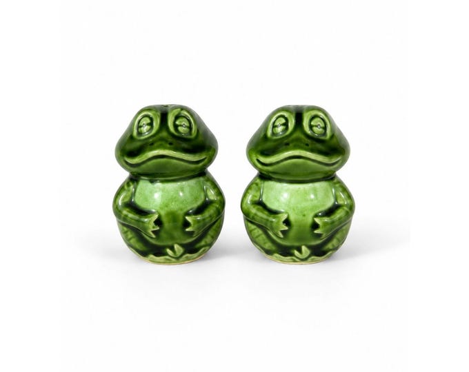 Salt Pepper Shakers Pair  Frog Toad  Japan Stamped Vintage Hugger Green Porcelain Ceramic Kitschy Kitchen Decor Retro Mid Century