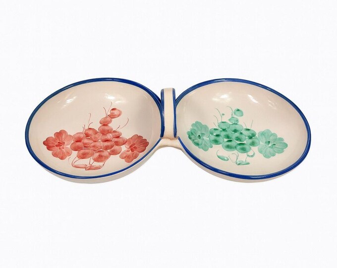 Italian Pottery Double Bowl Serving Dish Grapes Hand Painted Handled Made In Italy Kitchenware Servingware Hostess Wedding