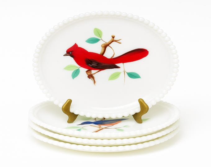 Milk Glass Bird Plates | Westmoreland Hand Painted White Beaded Edge Salad Set 4 | Gallery Wall Decor | Replacement China | Kitchen ware