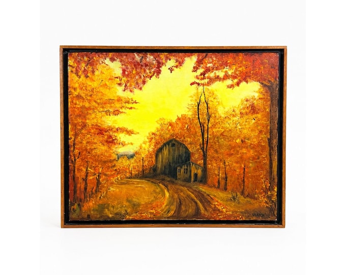 Oil Painting Fall Autum Barn Farm Scene Leaves Signed Ulrich Vintage Framed Wall Art Home Decor Decoratve Acents