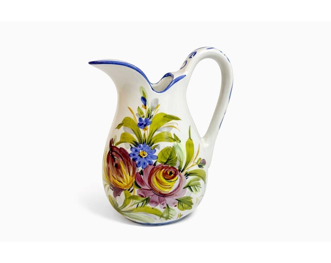 Art Pottery Jug Water Pitcher Large Italian Florentina Florentine Capodimente  Hand Painted Flowers Itay Floral Design Grand Millennial Vase