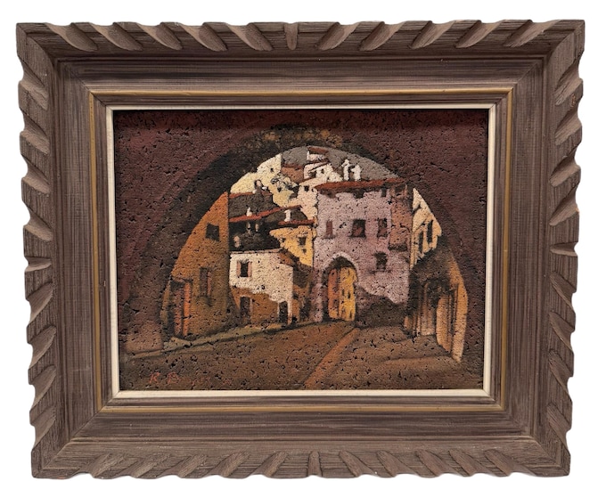 Vintage |  Richard T Booker Cork Painting | City Scape | California Artist | Acrylic on Cork | Framed Wooden Wood | Mid Century | Wall Decor