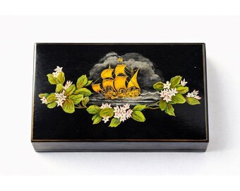 Knife Box Velvet Lined Hand Painted Vintage Clipper Cutter Ship Sailboat Flowers Leather Bottom Unique Home Decor Decorative Accents Dining