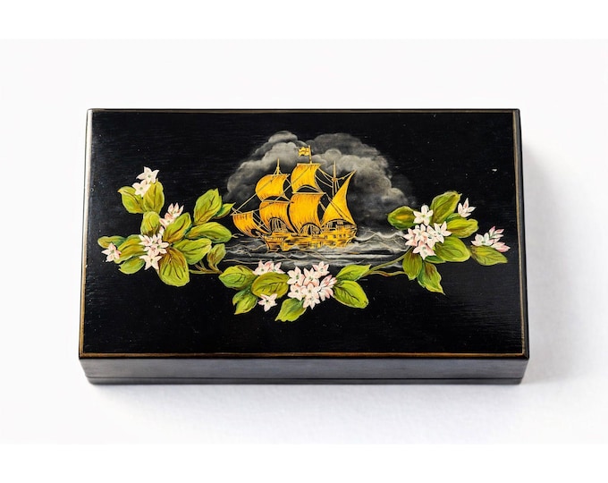 Knife Box Velvet Lined Hand Painted Vintage Clipper Cutter Ship Sailboat Flowers Leather Bottom Unique Home Decor Decorative Accents Dining