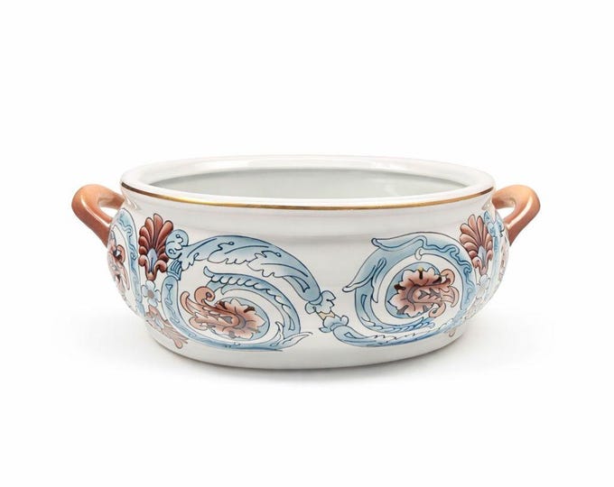 Jardiniere Planter Pot Hand Painted Handled Ceramaic Teal Brown Home Decor Decorative Accents Centerpiece Grand Millennial