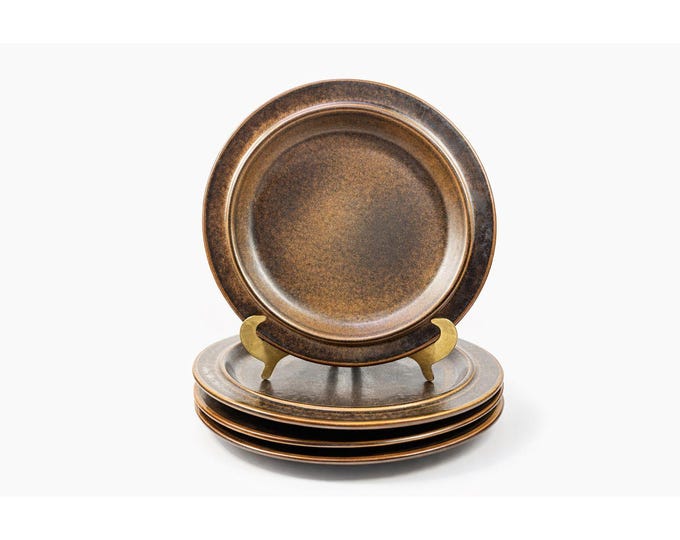 Ironstone Dinner Plates Set 4 Vintage Arabia of Finland Ruska Stoneware Pottery Replacement China Mid Century Brown Dining Serveware