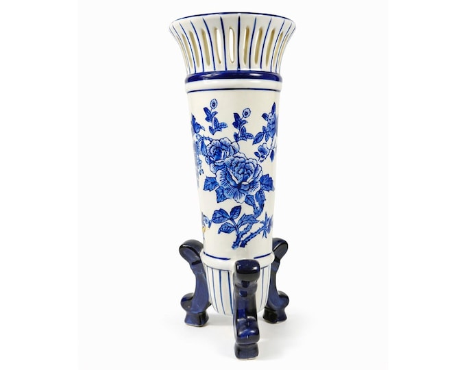 Footed Trumpet Vase Chinoiserie Tall Cobalt Blue & White Porcelain Floral Retuculated Rim Home Decor Centerpiece Vintage Traditional Home