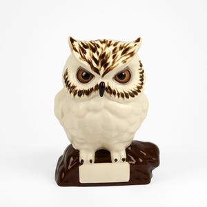 Owl Figurine Handpainted on perch log Byron Ceramic Statue Vintage Mid Century Retro Collectible Art White Brown