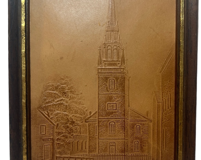 Framed Art | Leather Tool Tooling | Boston Old North Church Gerard of Salem | Collectible Souviner | Home Wall Decor Decorative Accents