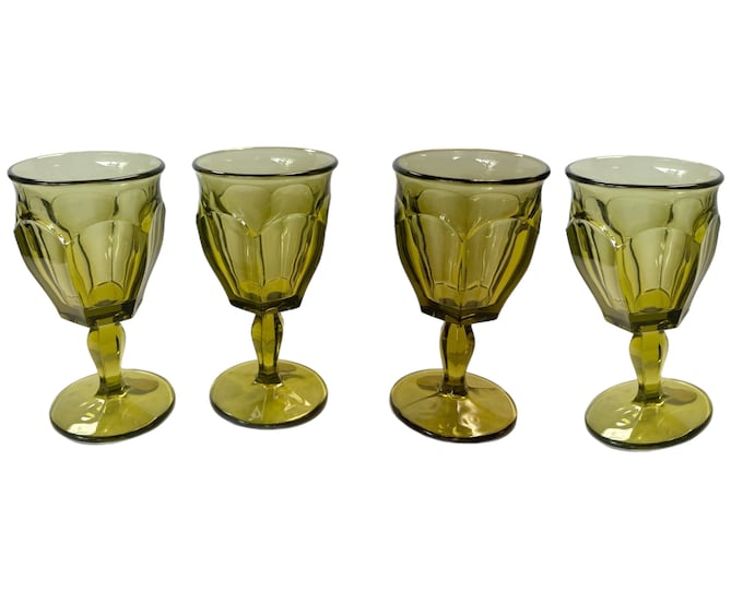 Vintage Set 4 | Westmoreland Colonial Pattern #1776|  Olive Green Juice Water Wine Goblet Glass Set | Retro Barware Hostess Party Tableware