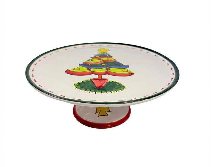 Italian Footed Cake Serving Plate Vietri Natale Green Hand Painted Christmas Tree Holiday Round Platter Italy Replacement China Vintage