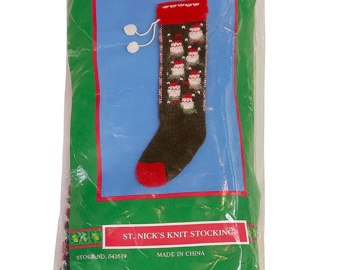 Knit Christmas Stocking Vintage Reindeer Red Green Yarn | Santas | House of Llloyd | St Nick | Pom Poms Hearts