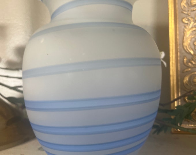 Vintage Hand Blown Cobalt Blue Swirl Vase Striped Art Deco Glass Frosted