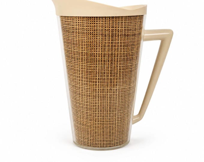 Raffiaware Pitcher Thermo-temp | Vintage Mid Century MCM Kitchy Pitcher Beige Plastic Raffia Weave Drinkware Party Barware Kitchen Serveware