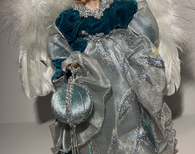 Vintage Angel Tree Topper Resin | Teal Turquoise Blue Silver Dress | Christmas Ball | Feathers